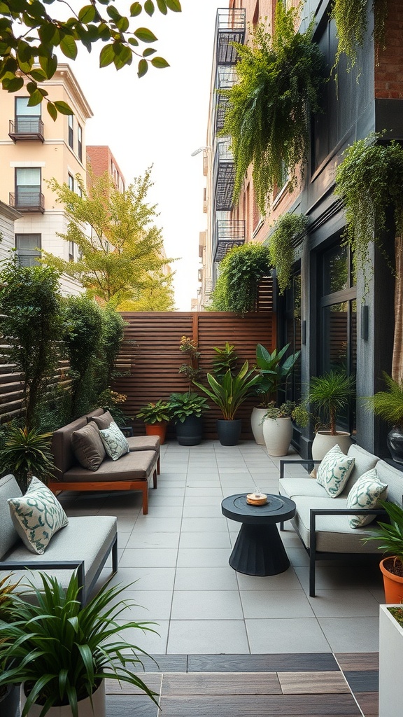 Stylish outdoor space with comfortable seating, potted plants, and modern tiles.