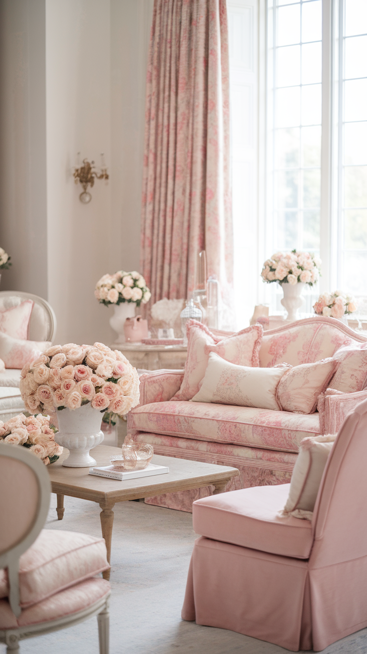 A beautifully decorated living room featuring blush and rose tones, floral arrangements, and plush furniture.