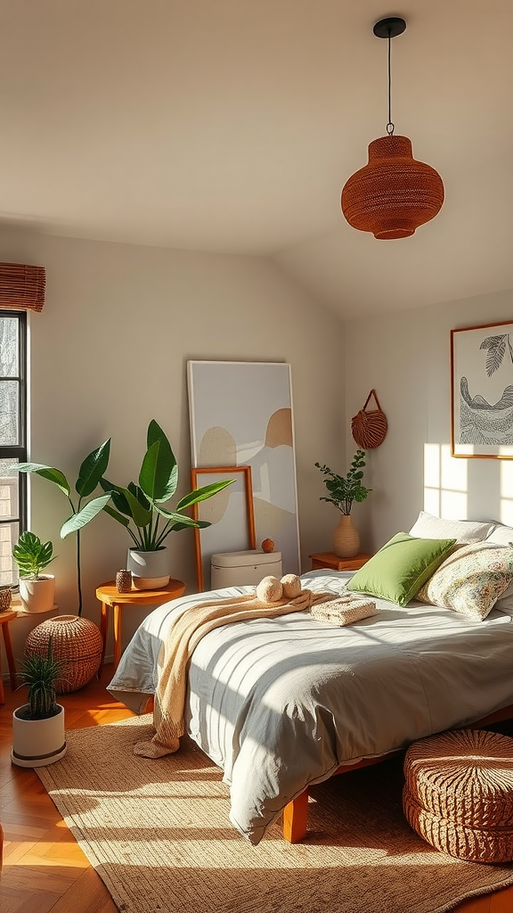 A cozy bedroom with earthy tones, plants, and natural decor elements.
