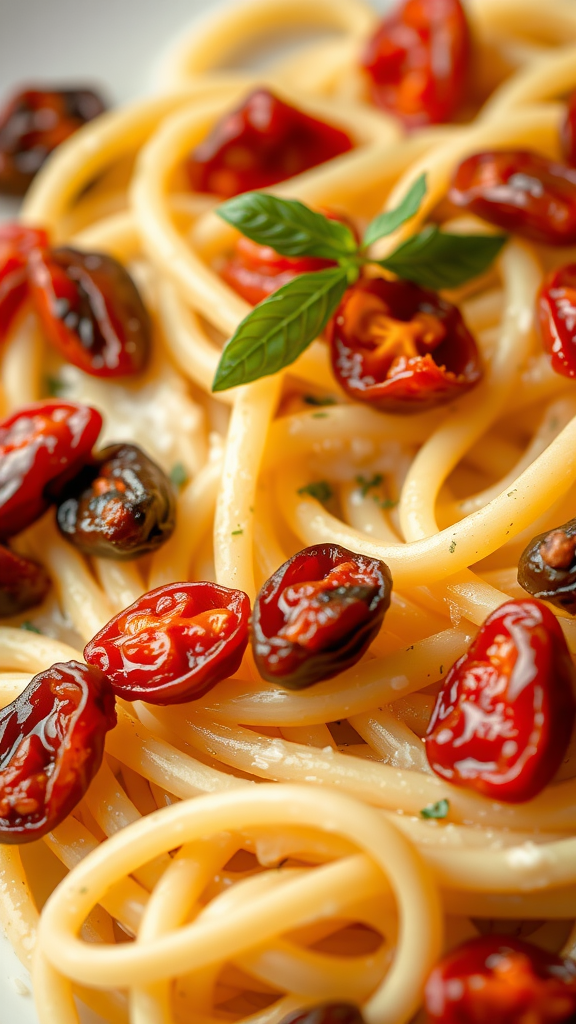 Plate of spaghetti with sun-dried tomatoes and fresh basil