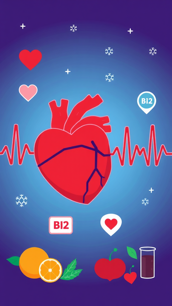 An illustration of a heart with a heartbeat, surrounded by fruits and vitamin B12 symbols.