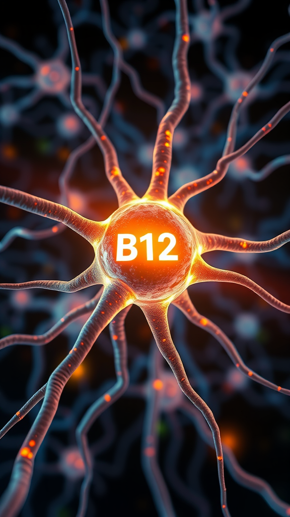 Illustration of a neuron with a focus on B12 for nerve health