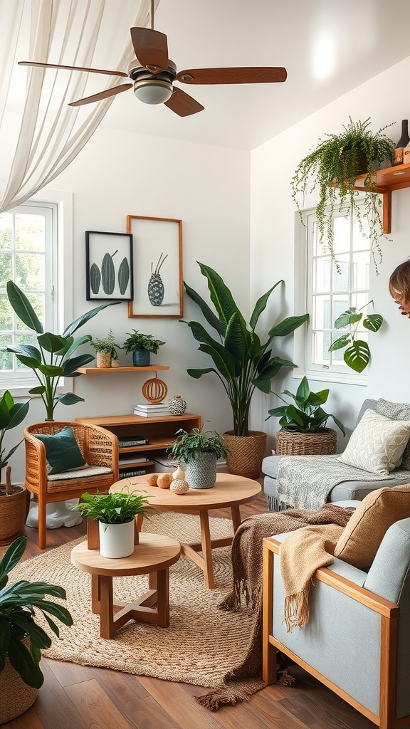 A cozy living room filled with plants, natural decor, and wooden furniture.