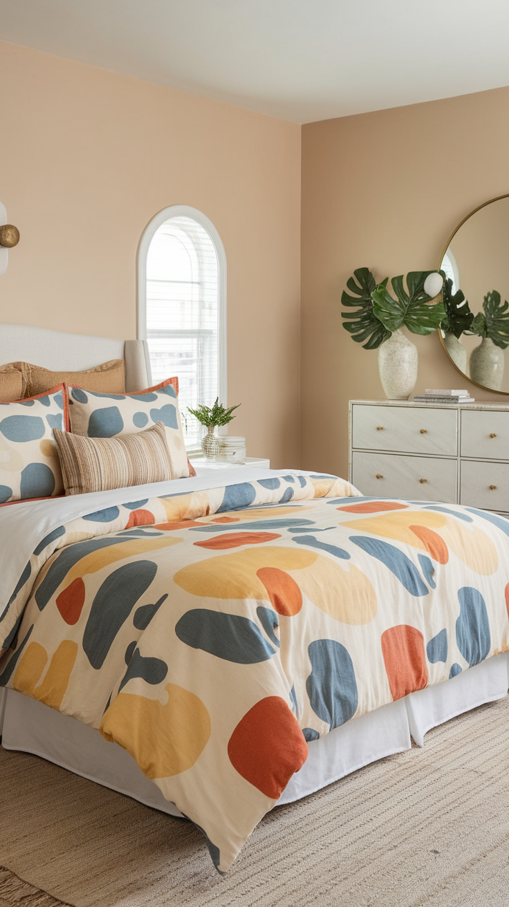 A cozy bedroom with colorful bedding featuring abstract patterns, complemented by neutral walls and decor.