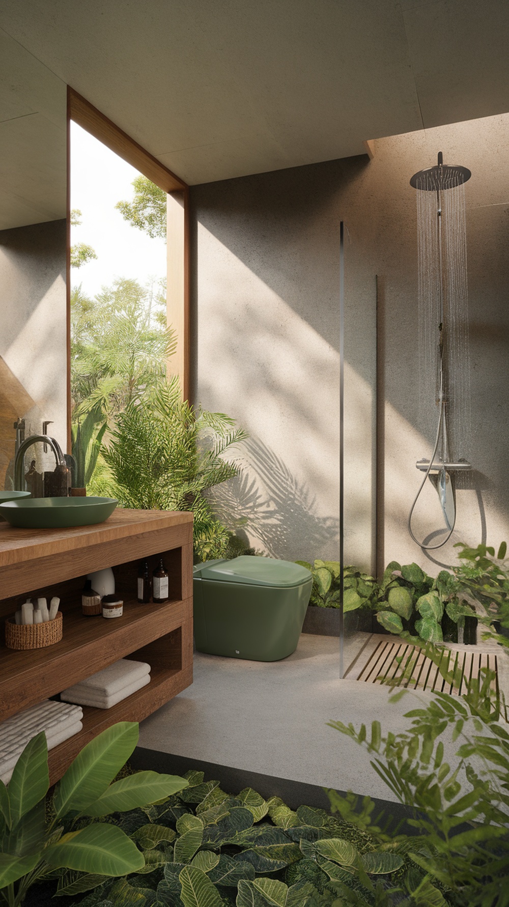 A modern eco-friendly bathroom featuring natural materials, plants, and minimalistic design.