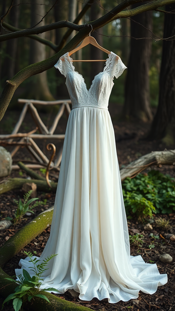 Eco-friendly Bohemian wedding dress hanging on a tree branch in a forest