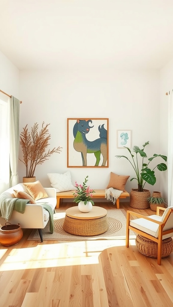 A cozy living room with layered textiles and sustainable decor elements.