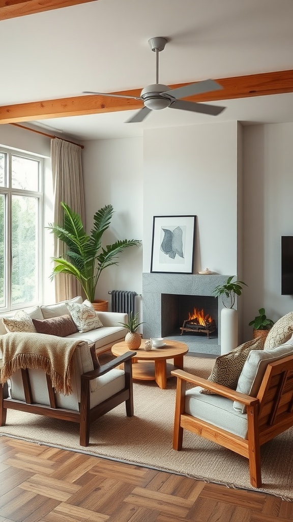 A cozy living room featuring natural materials, wooden furniture, and indoor plants.