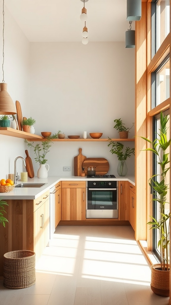 A modern kitchen with wooden cabinets, natural decor items, and a bright sunny atmosphere.