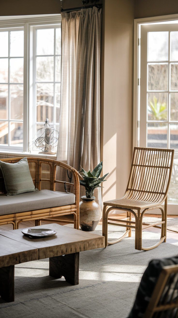 A cozy living room featuring rattan furniture, natural light, and a touch of greenery.