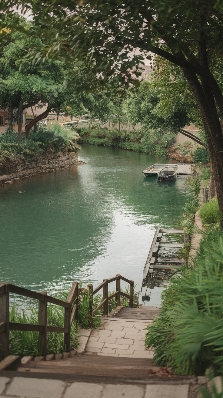 Scenic view of Tama River with lush greenery and wooden steps leading to the water.