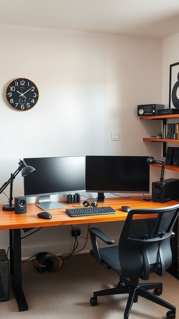 A modern tech-friendly workstation with dual monitors, a stylish desk lamp, and a comfortable chair.