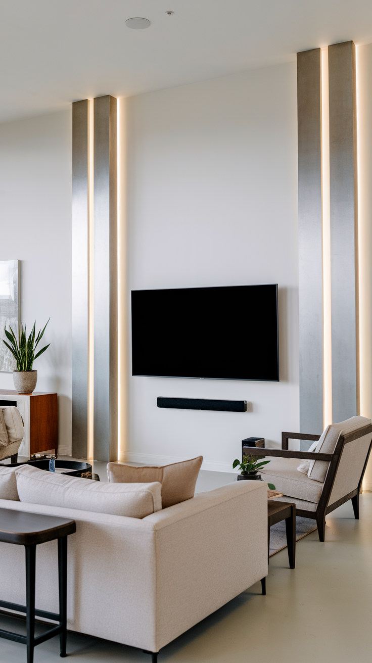 A modern living room featuring a wall-mounted TV, soundbar, and comfortable seating.