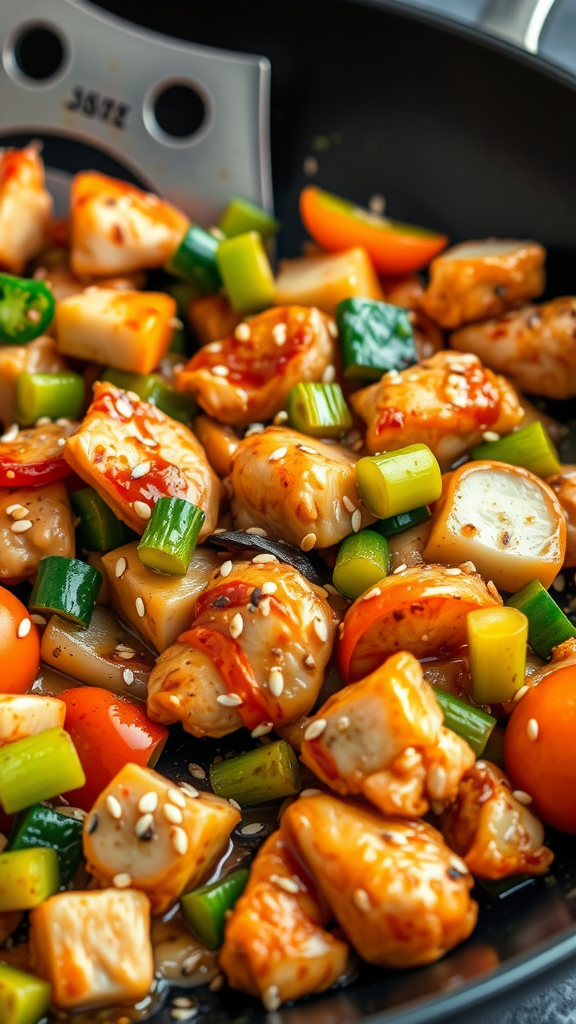 A vibrant teriyaki chicken stir-fry with vegetables in a pan.