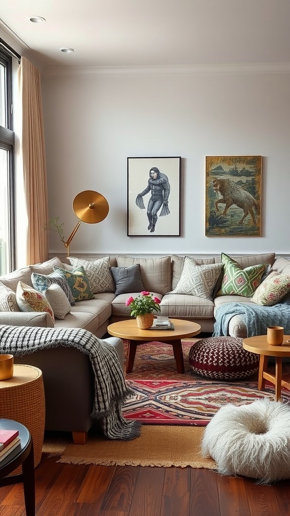 A cozy living room featuring a sectional sofa with various textured pillows, layered throws, and a colorful rug.