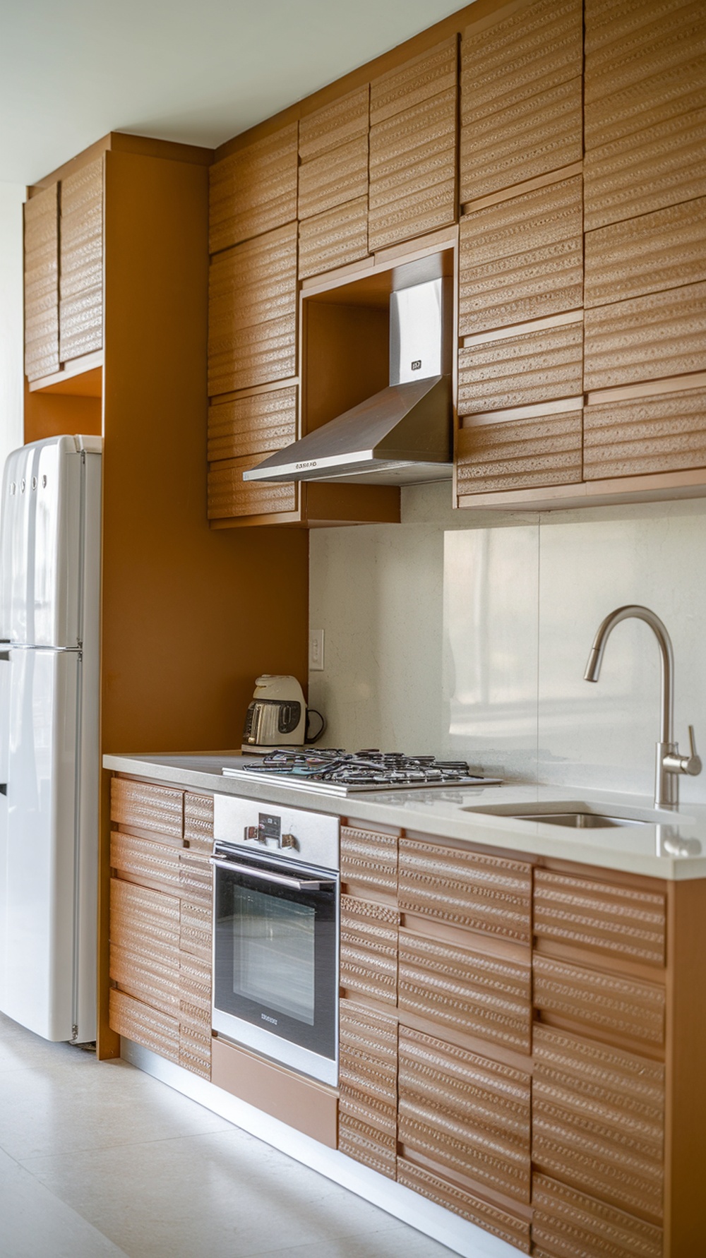Modern kitchen with textured cabinets and sleek appliances