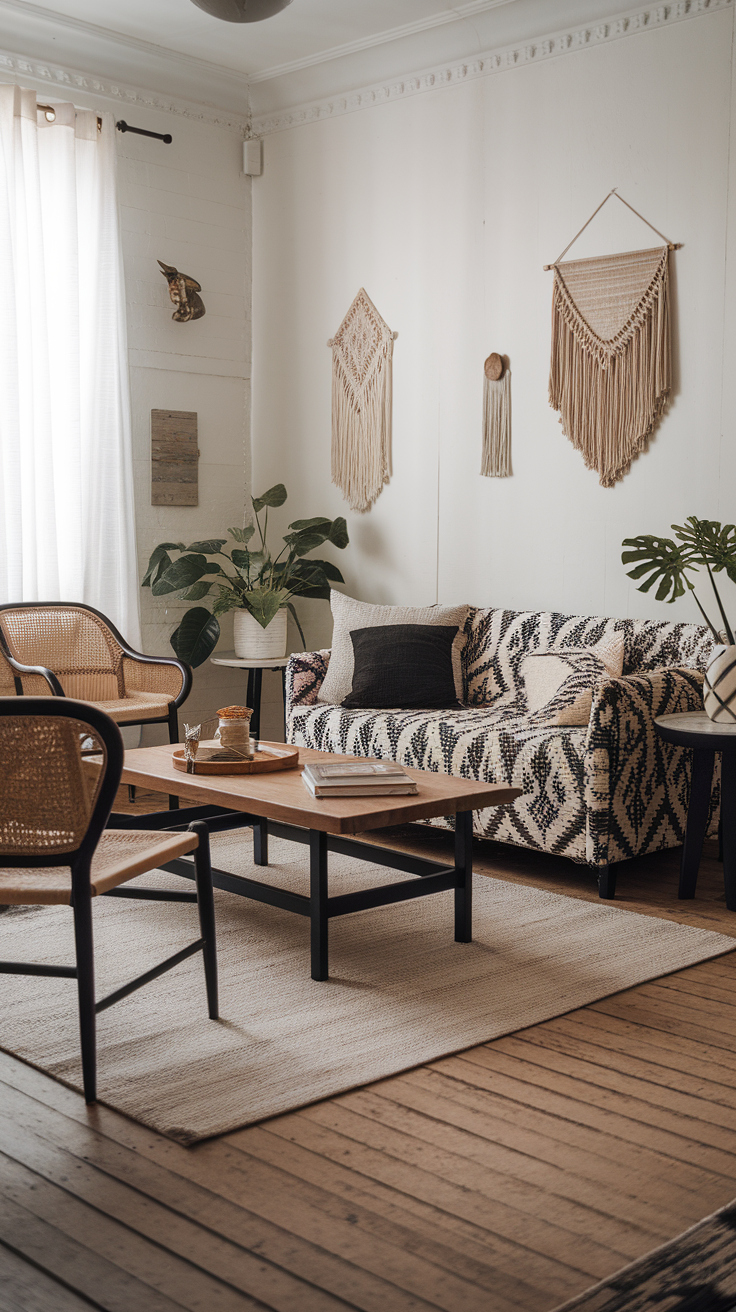 A cozy living room with a patterned couch, woven chairs, macrame wall art, and plants, showcasing a blend of textures and modern design.