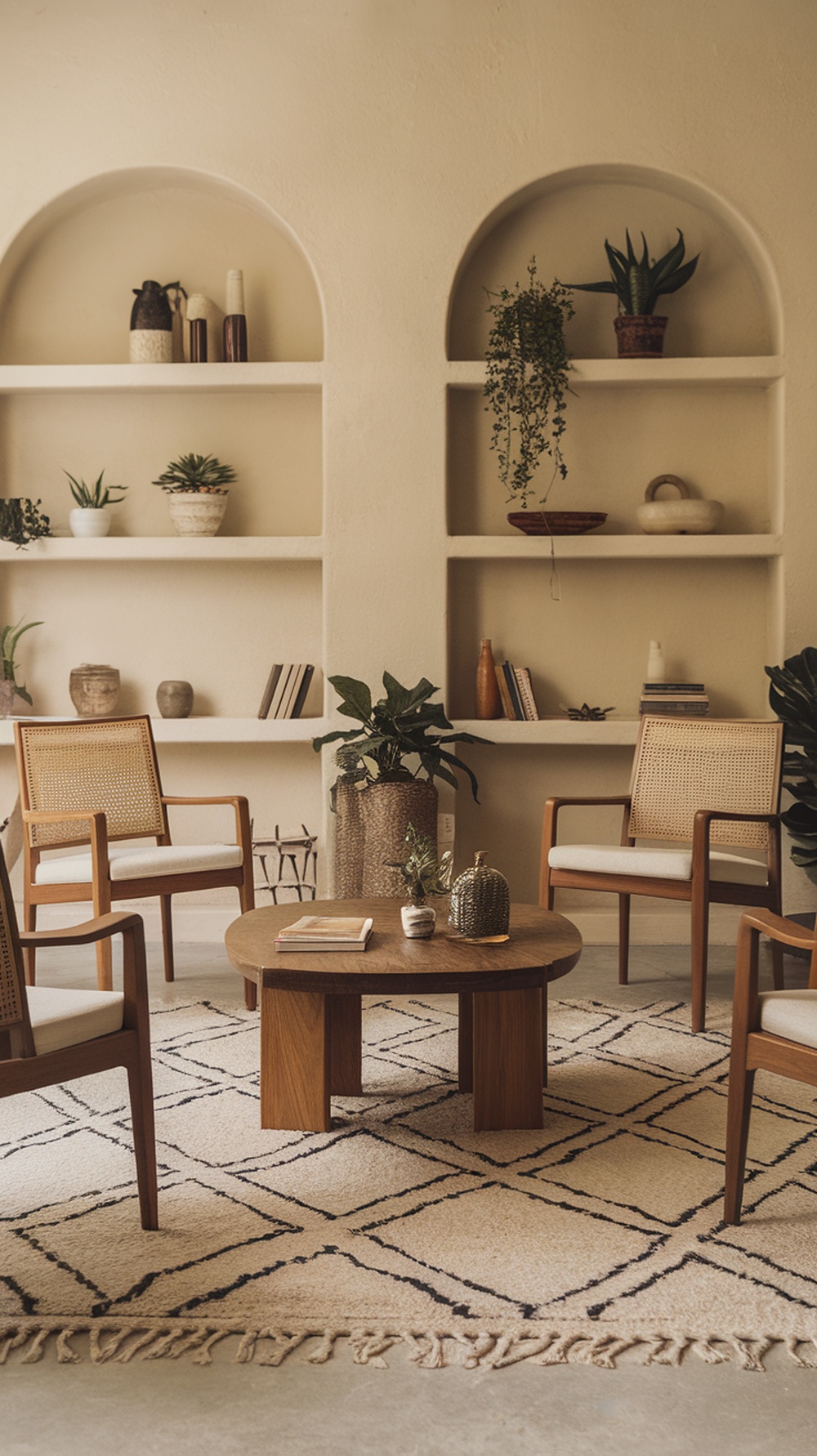 A cozy living room with a textured rug, wooden chairs, and decorative shelves.