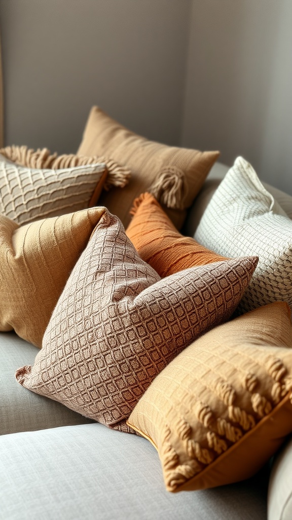 A collection of textured throw pillows in orange, beige, and cream arranged on a couch
