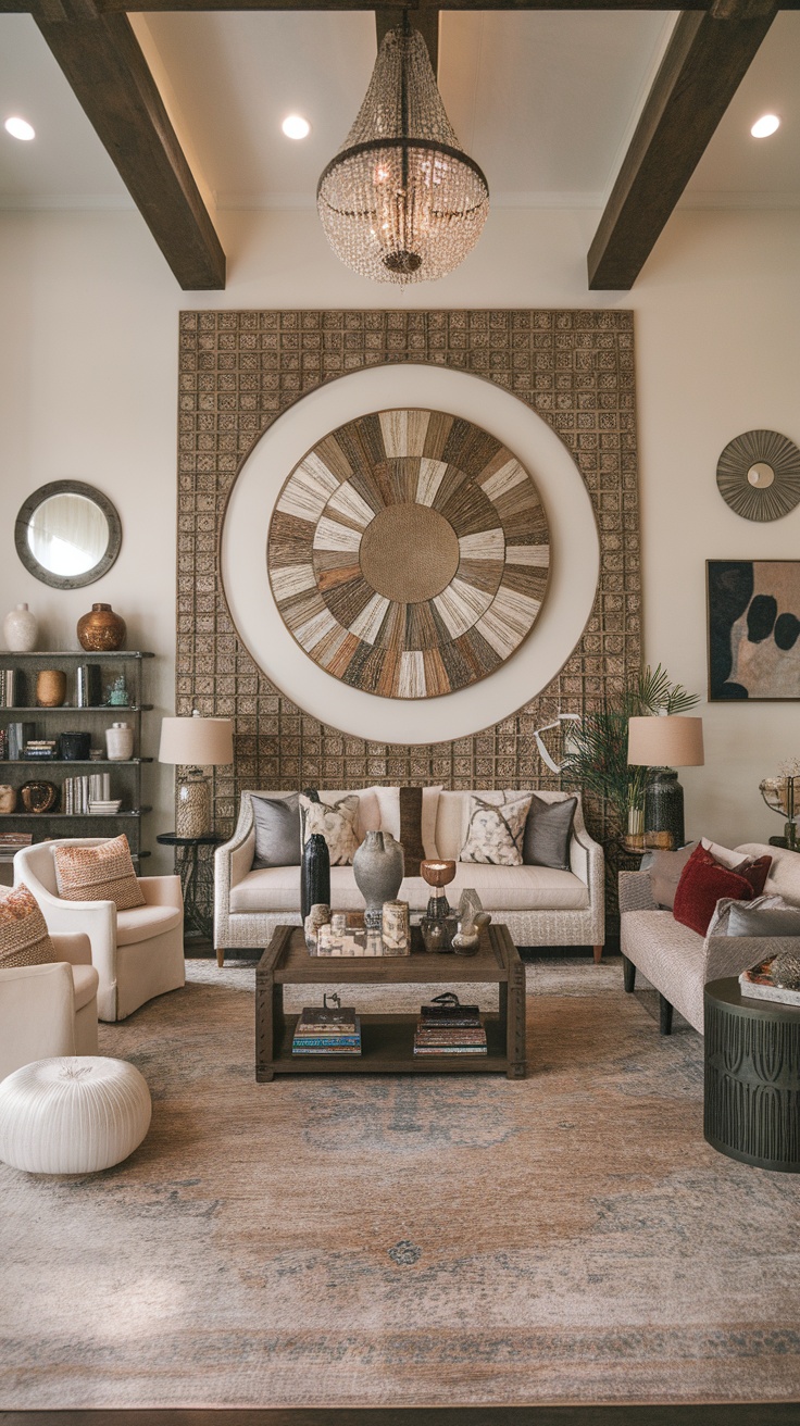 A cozy Boho living room with textured wall panels, featuring a stylish chandelier and comfortable seating.