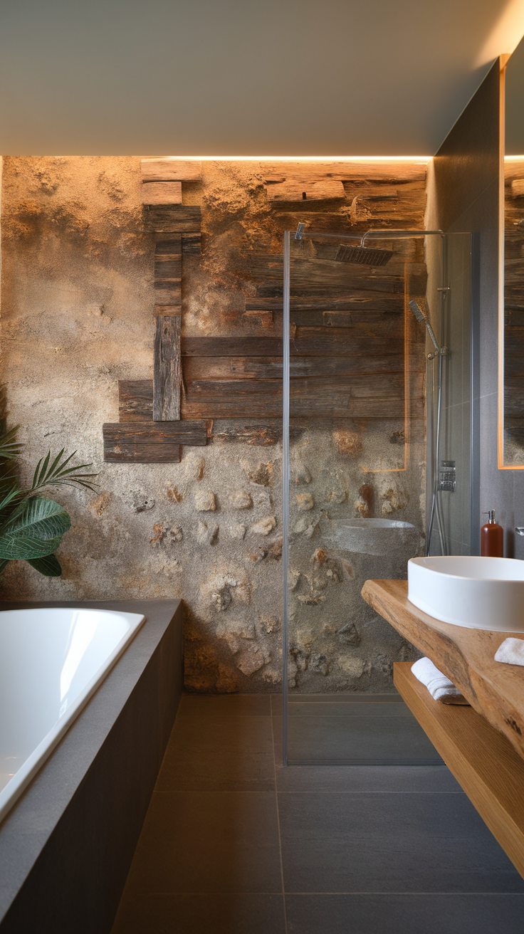 A luxurious bathroom featuring textured wall treatments with wooden and stone elements, a modern sink, and a sleek bathtub.