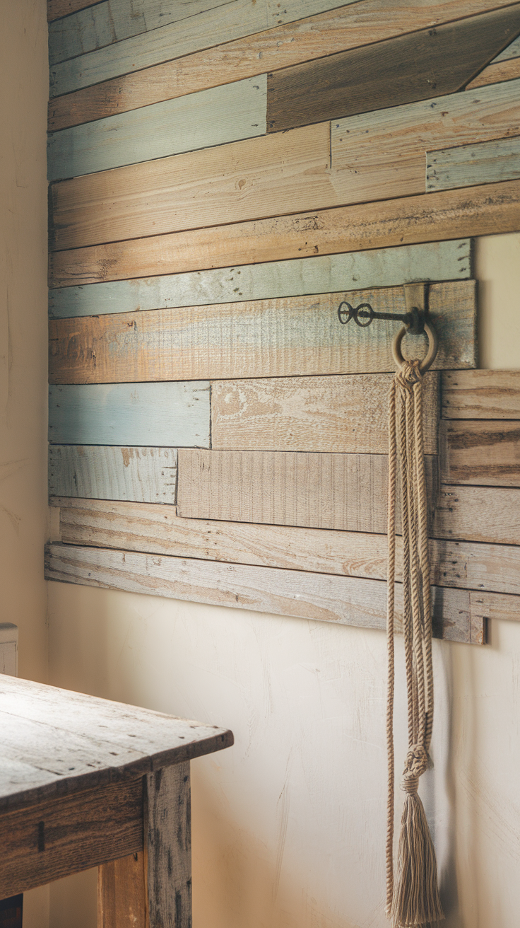 Textured wooden wall with varying hues and a rustic key on a hook.