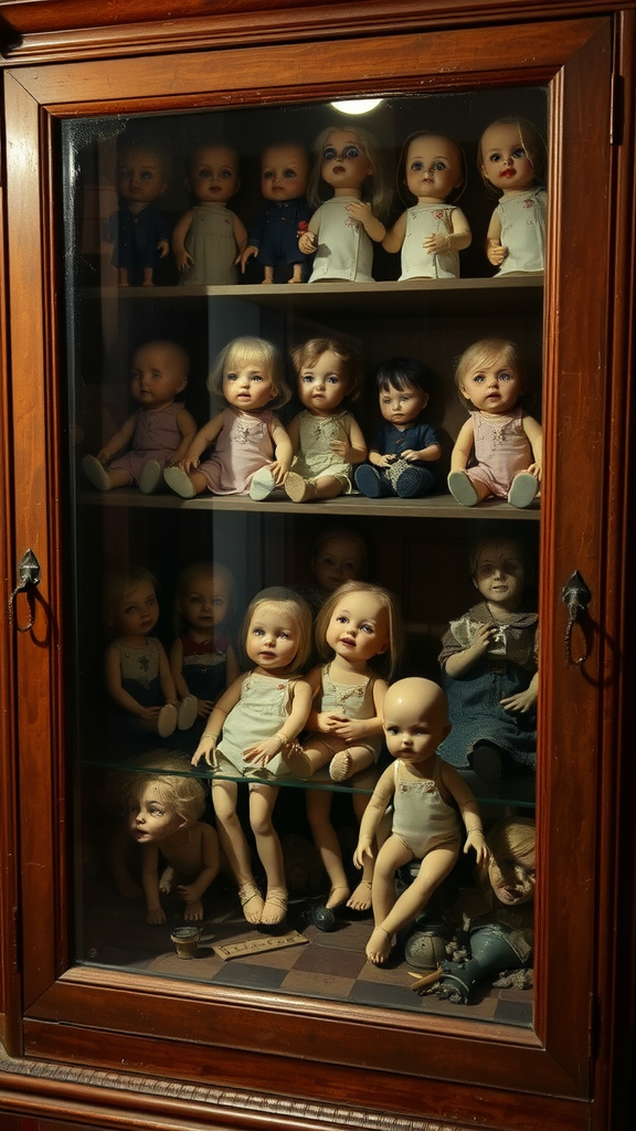 A collection of vintage dolls displayed in a wooden cabinet