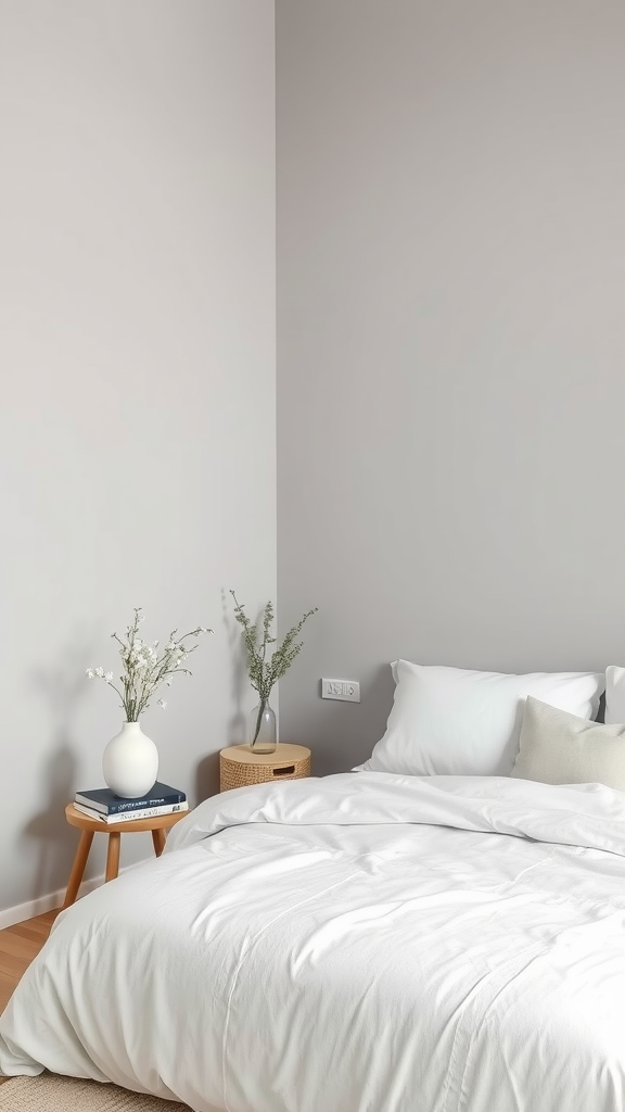 A calm bedroom decorated in soft greys and whites with a cozy bed and a small nightstand.