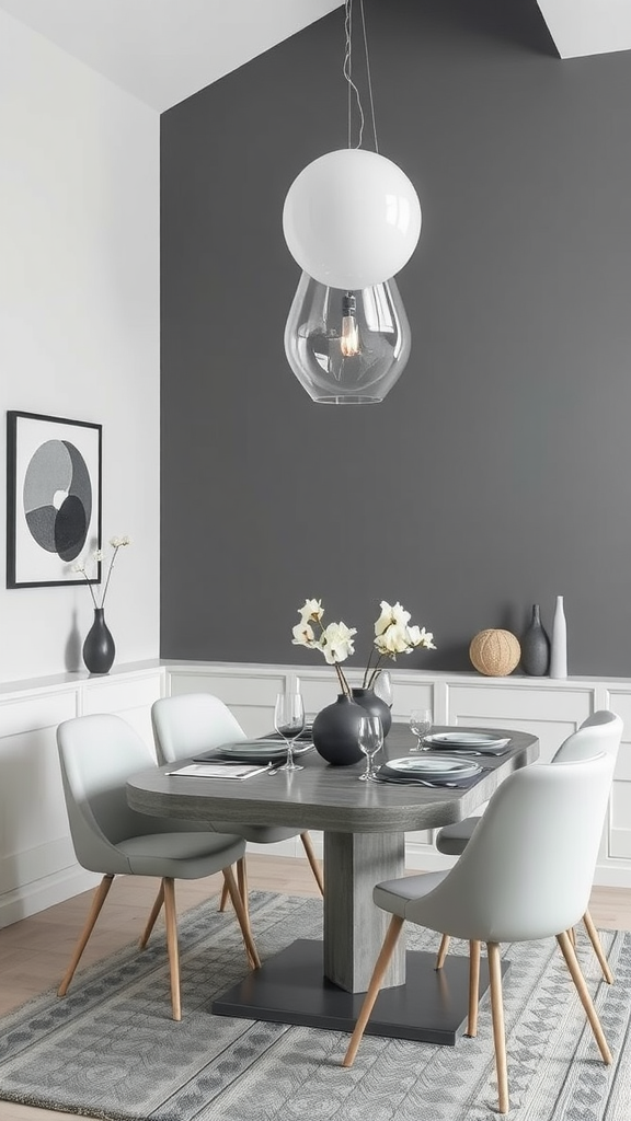 Modern dining area featuring gray tones, stylish chairs, and unique pendant light