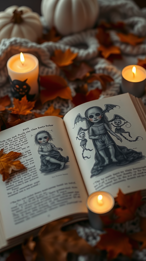 An open book with illustrations of creepy dolls, surrounded by candles and autumn leaves, creating a spooky atmosphere.