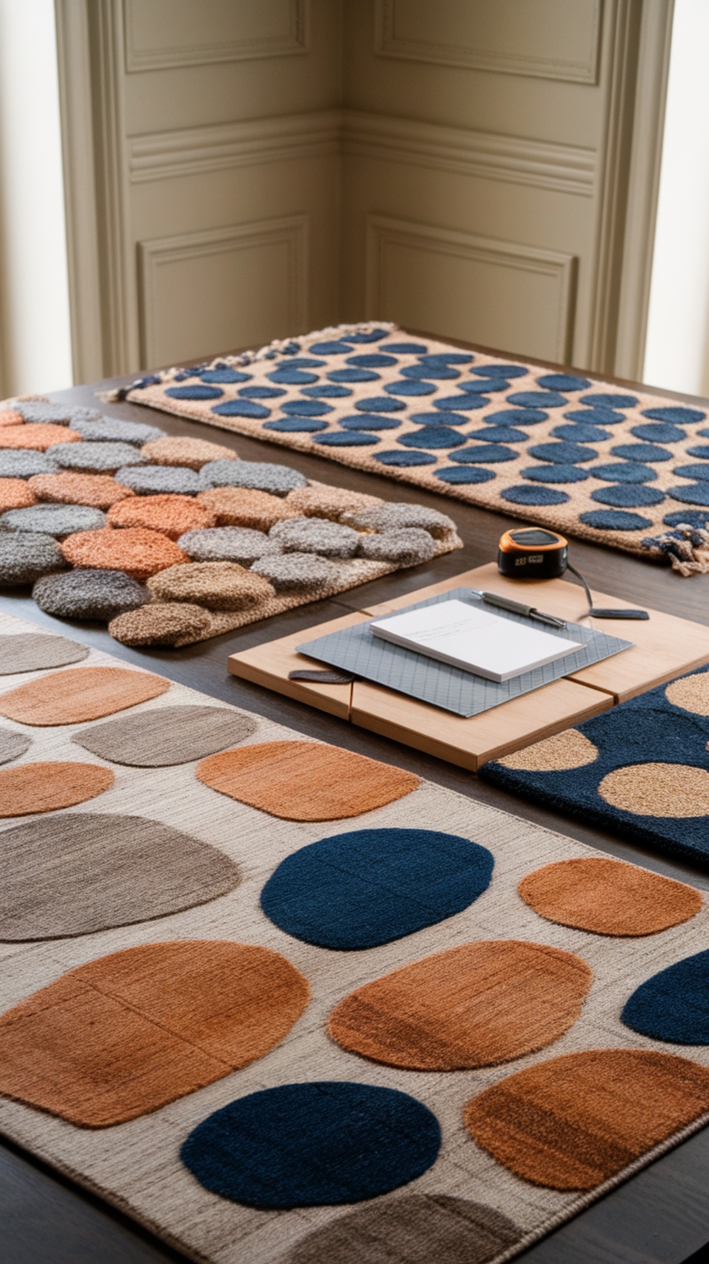 A selection of area rugs with various textures and colors laid out on a table.
