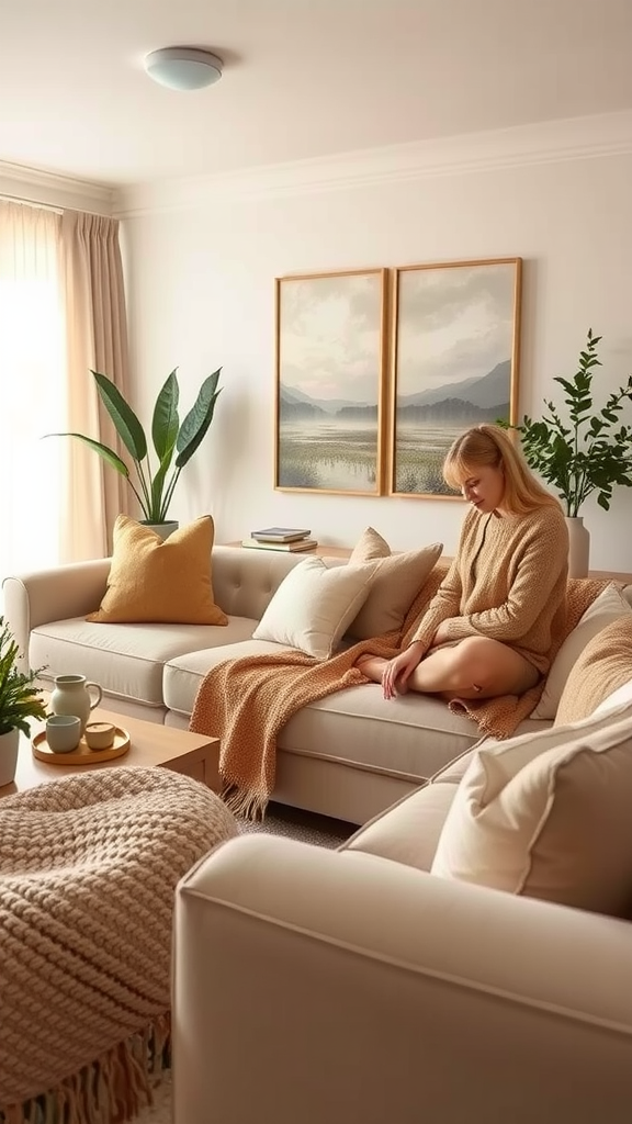 A cozy living room with beige and taupe decor featuring a woman sitting on a sofa, surrounded by plants and soft textures.
