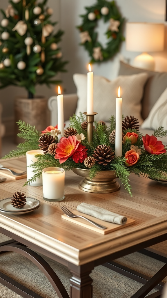 A beautifully arranged Christmas table centerpiece featuring candles, flowers, and pinecones.