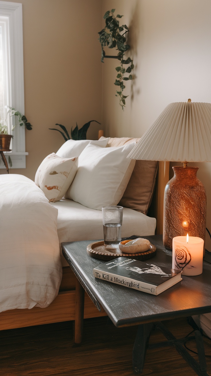 A cozy bedroom with a bedside table featuring a glass of water, a candle, a book, and a snack, surrounded by soft pillows and plants.