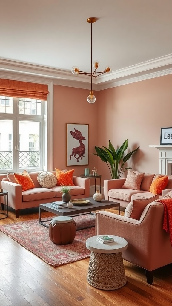 A cozy and stylish living room with peach walls, vibrant orange accents, sleek furniture, and decorative plants.