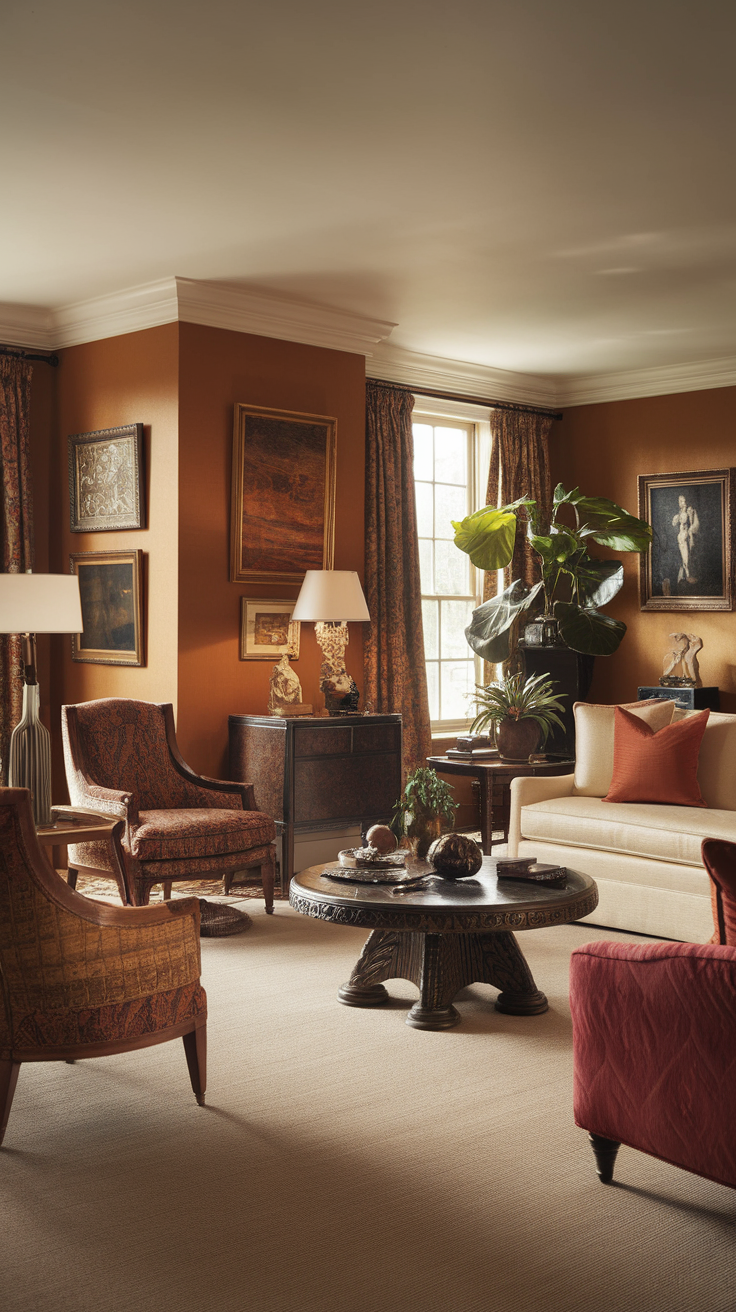 Cozy living room with vintage furniture, warm colors, and elegant decor.
