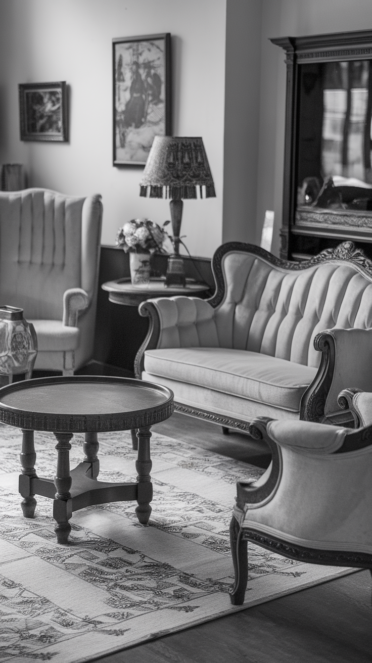 A black and white living room featuring vintage furniture and decor.