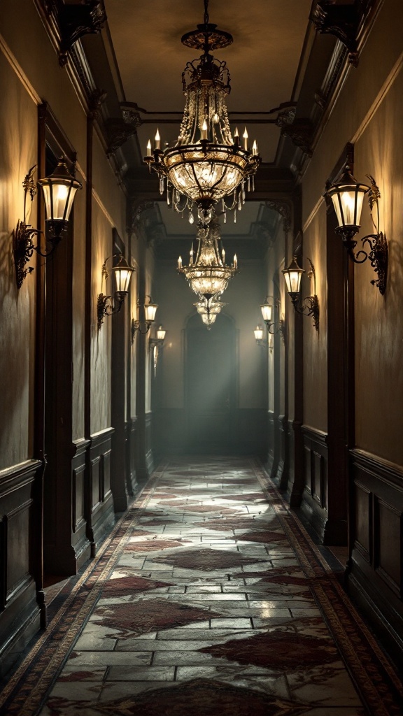 A Victorian hallway featuring elegant chandeliers and wall sconces, highlighting a luxurious atmosphere.