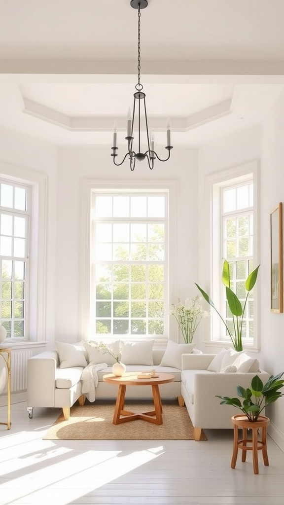 Bright and airy living room with white walls, a cozy sectional sofa, a round wooden coffee table, and green plants.