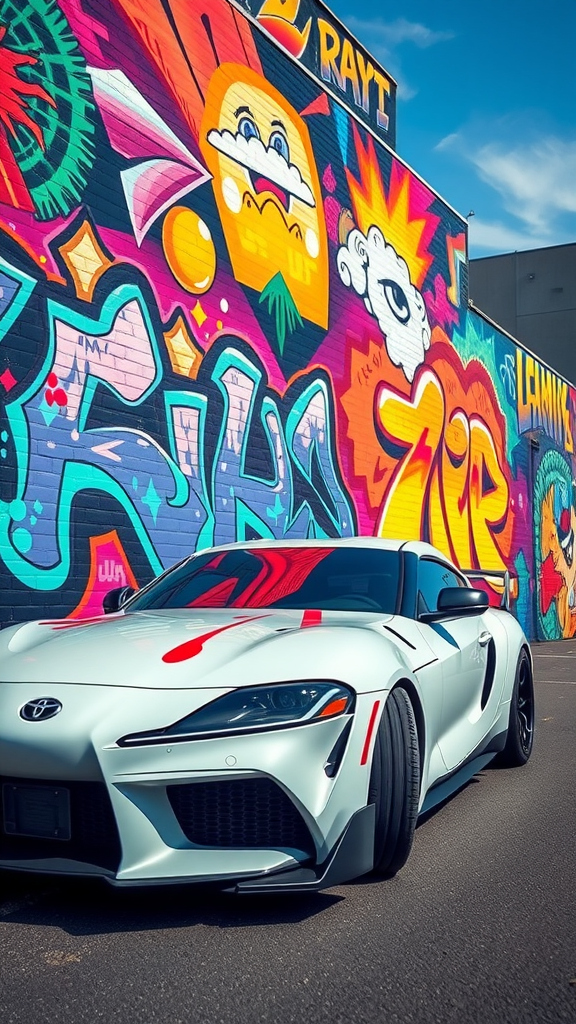 Toyota GR Supra in front of a colorful graffiti wall