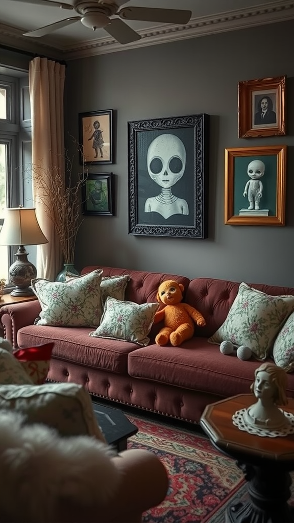 A cozy living room with dark walls, featuring an alien doll painting and various unique dolls on display.