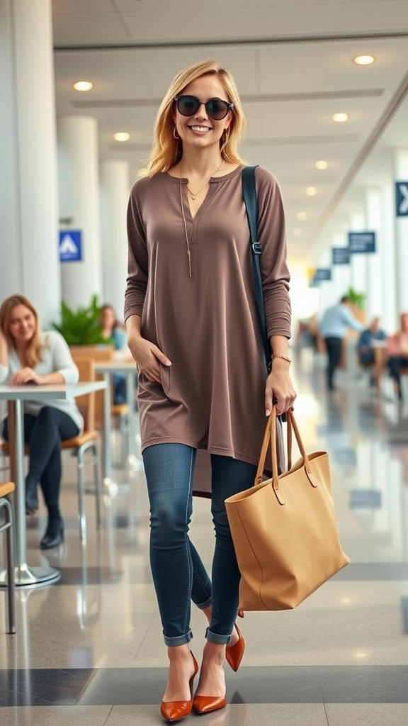 A woman in a travel-friendly tunic with skinny jeans, sunglasses, and a tote bag, smiling at the airport.