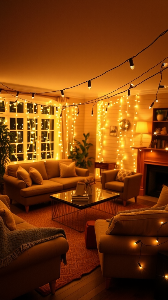 A cozy living room decorated with twinkling string lights, showcasing a warm atmosphere.