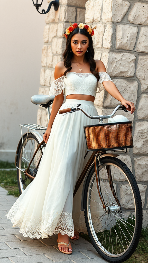 A bride in a two-piece boho bridal set with a floral crown, standing next to a bicycle.