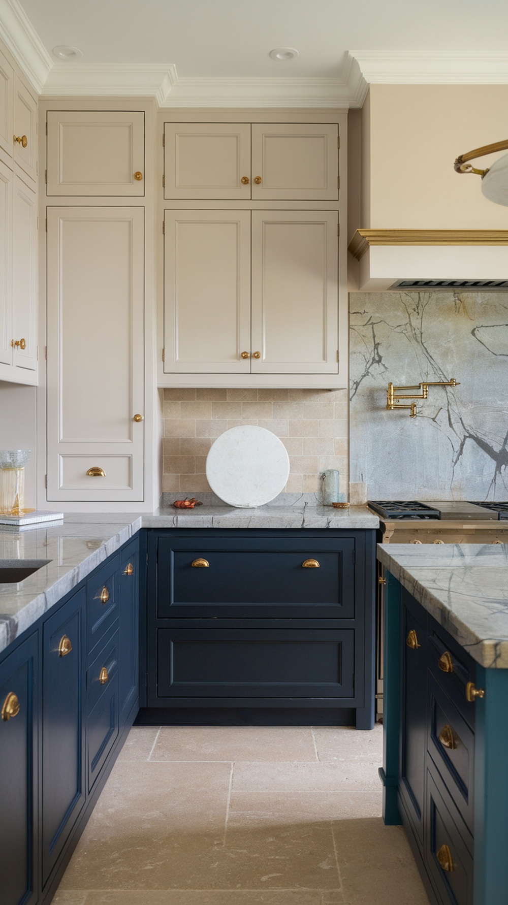 A modern kitchen featuring two-tone cabinets: beige upper cabinets and navy lower cabinets with gold hardware.