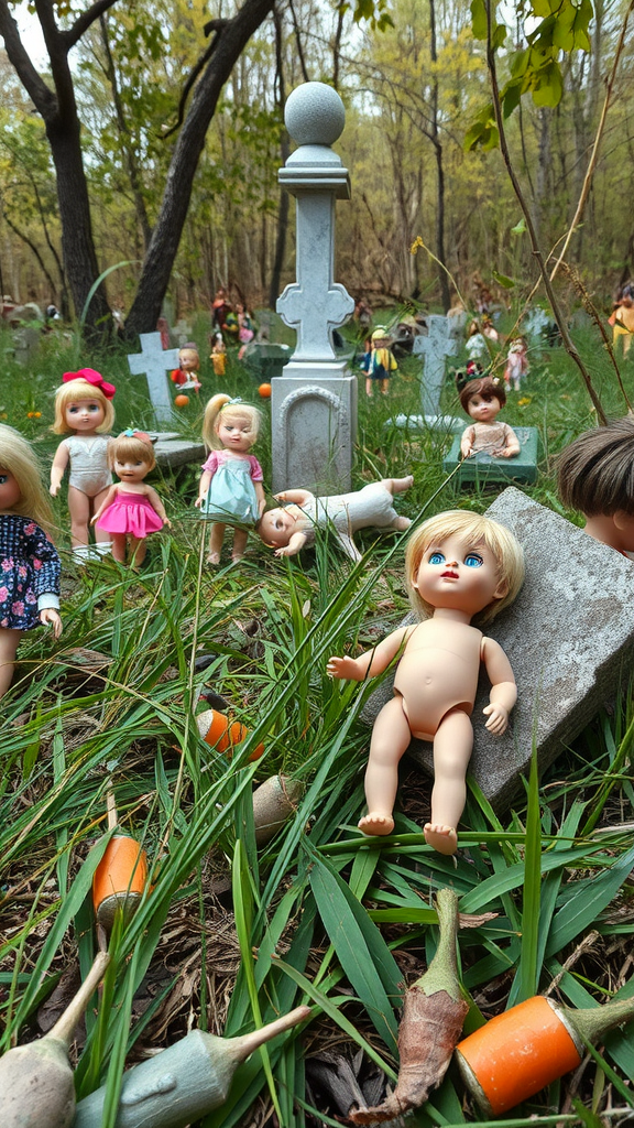 A graveyard scene with various vintage dolls scattered around gravestones, evoking a creepy atmosphere.