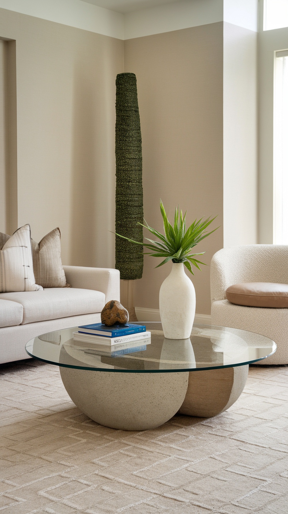 A modern coffee table with a glass top and unique stone base, surrounded by stylish seating in a light-colored living room.