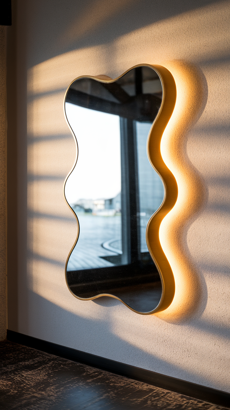 A uniquely shaped mirror with a soft glow, mounted on a wall.