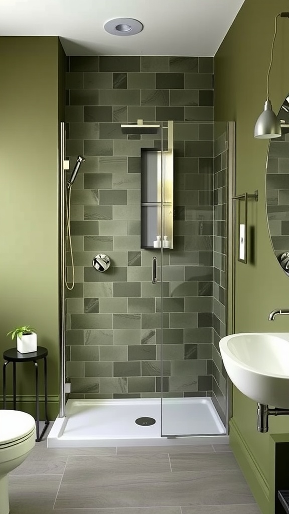 Modern shower design with olive green tiles and glass enclosure