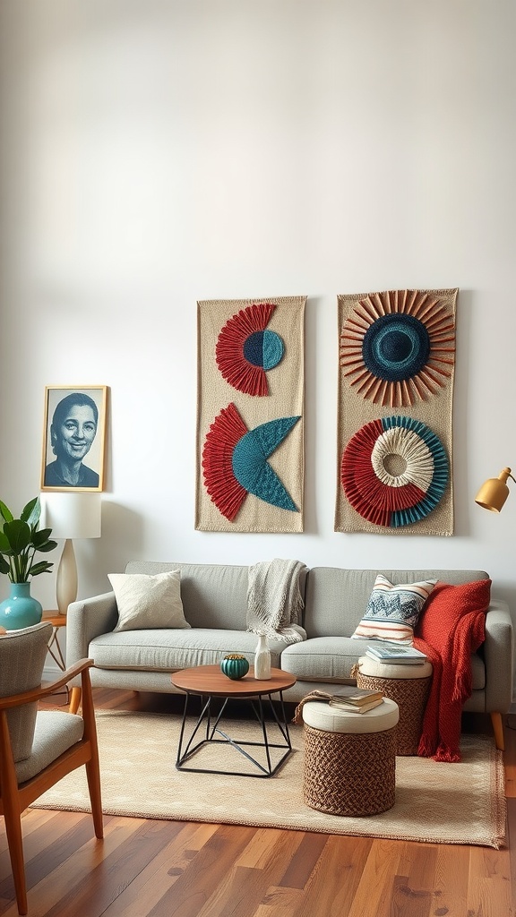 A cozy living room featuring unique textile wall art in jewel tones, a gray couch with colorful cushions, and wooden accents.